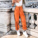 Letter-Printed-Striped-Loose-Women-Pants-String-Solid-Orange-Elastic-Waist-String-Street-Ladies-Trousers-Cargo